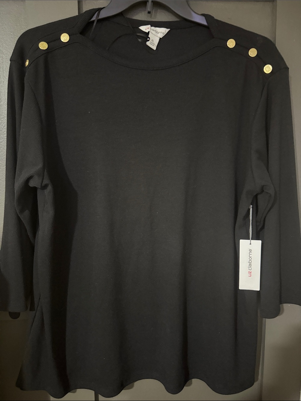 Liz Claiborne Black Knit Top with Gold Shoulder Buttons